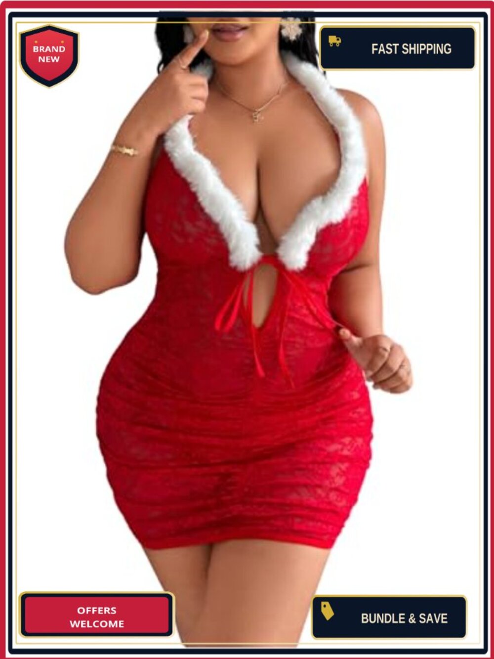 Plus Size Lace Lingerie 3 Piece Santa Costume Halter Mini Dress